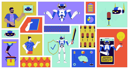 AI technologies bento grid illustration set. Intelligence artificial 2D vector image collage design graphics collection. Diverse engineers. Robotics android robots flat characters moodboard layout