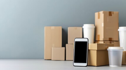 Cardboard boxes and coffee cups with a smart phone on a table against a gray background.