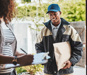 Woman, delivery man and signature on checklist for package, product and shipment or order...