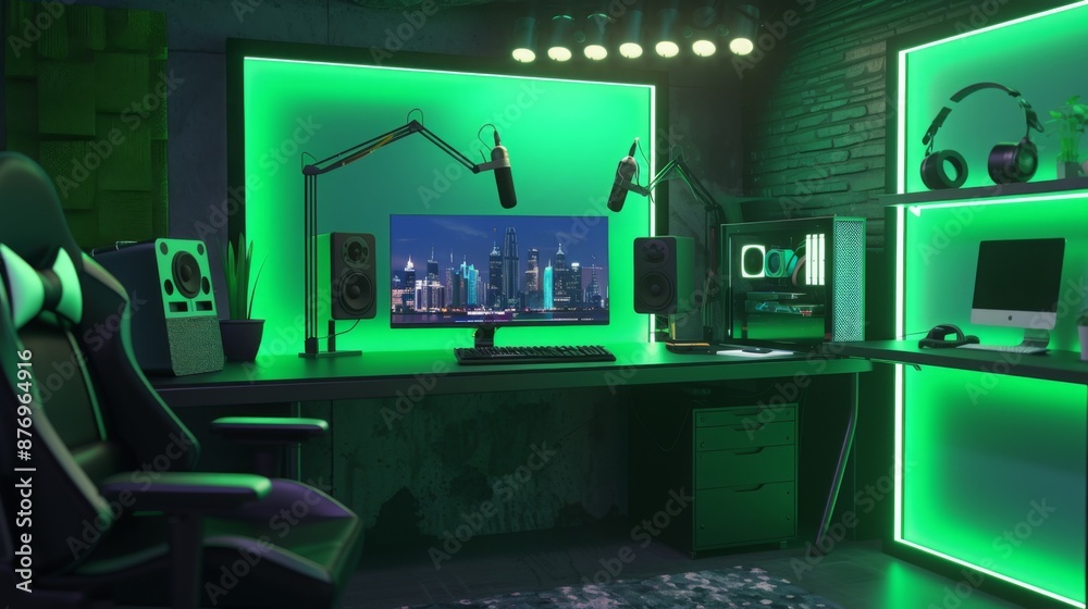 Poster a gaming setup with a desk, chair, and computer. the desk is lit with green leds. there is a gaming 