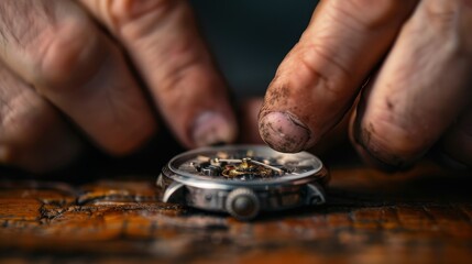 Close-Up of Hands Repairing a Vintage Mechanical Watch on Wooden Surface