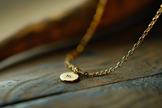 Golden Initial Anklet with MC initial on wood Surface, Jewelry Design