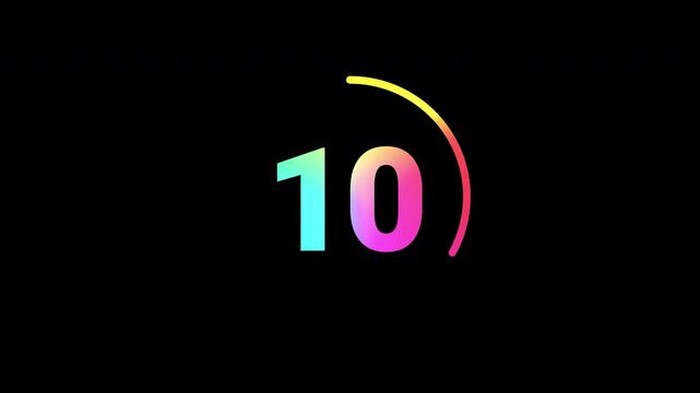 Fifteen second (15-0) digital countdown timer clock rainbow color with rotating circle design, transparent background 