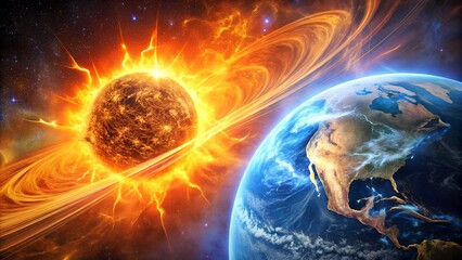 Obraz premium Fiery Solar Storm Engulfs Earth in Cosmic Spectacle