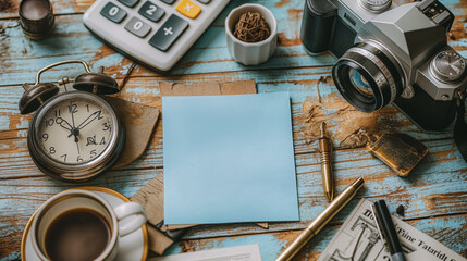 a sticky note surrounded by travel and business elements like a camera, clock, calculator ink pen, coffee cup and documents. The background is a wooden table with muted colors.