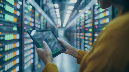 Focused business hands using a tablet to review factory data, set against a blurred warehouse backdrop, showcasing modern business management and technology integration.