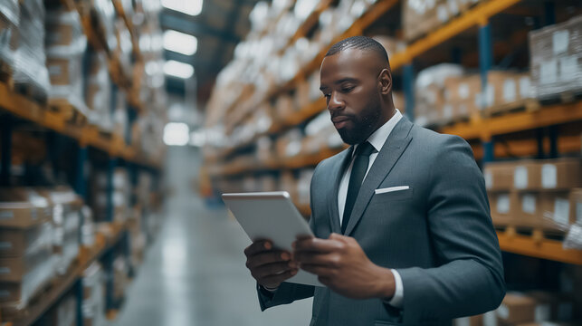 A business manager uses a tablet to review factory reports with a blurred warehouse background, highlighting the technology and human touch in management. Close-up and selective focus on hands.