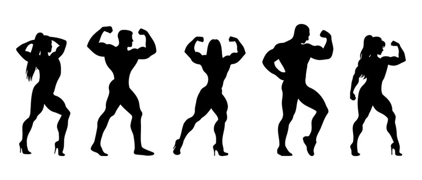 Vector bodybuilding silhouettes. Sport man and woman  show strong arms in different pose. Collection of black silhouettes of male and female bodybuilders Illustration icon.