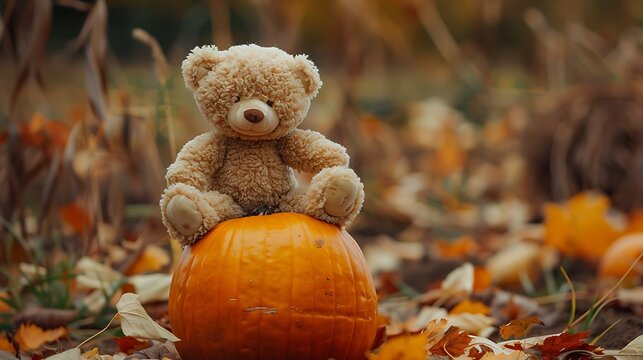 A beige teddy bear sits on an orange pumpkin soft toy on an autumn vegetable
