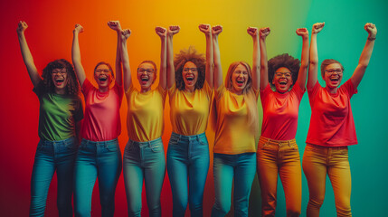 Fototapeta premium Group of cheerful people celebrating success, happy expressions, vibrant lifestyle, creating a colorful contrast