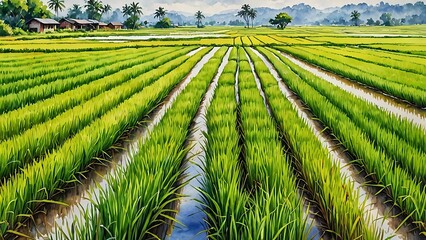Lush green rice paddy field with distant mountains and palm trees.