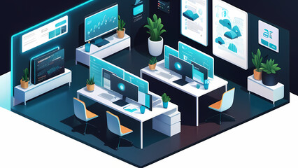 Illustration of isometric scene of a startup company