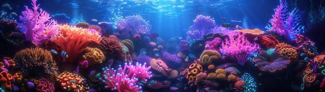 Fantasy coral reef, neon colors, bioluminescent fish, surreal underwater world, glowing sea plants, high resolution