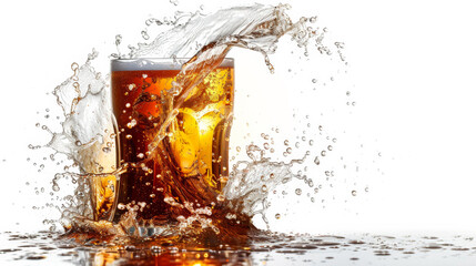 Close-up of a wave of fresh beer pouring out of a large glass. Splash of beer on a white background. Drinks concept.