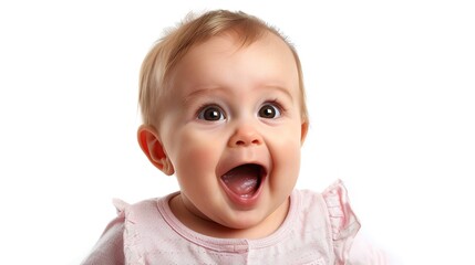 A cute baby's delighted expression against a white backdrop, capturing the joy of discovery