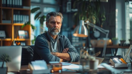 Smiling Man Working on Laptop in Modern Office