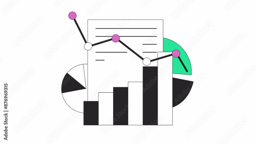 Poster business statistical data collecting line 2d objects animation. analyzing commercial activity result