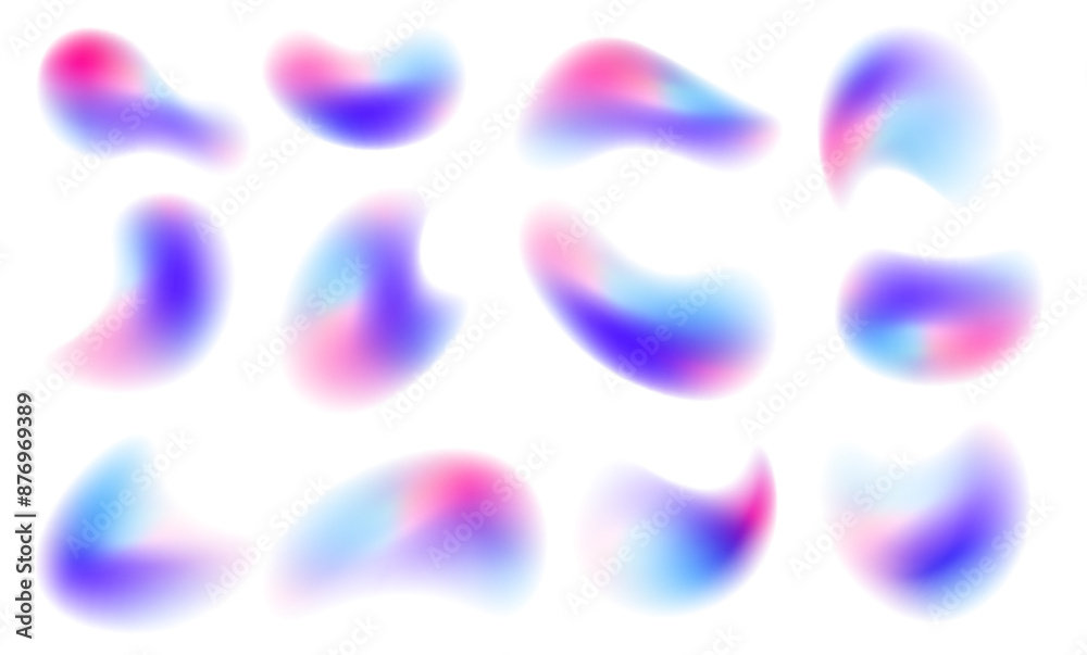 Poster Set of spot multicolored brush strokes. Gradient Abstract shapes colorful fluid paint. Collection of isolated elements of holographic chameleon design palette of shimmering color. Vector illustration