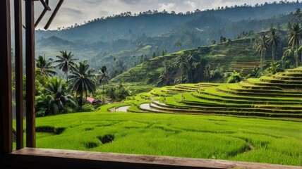 A picturesque view from a window overlooking lush rice terraces in Bandung, Indonesia, with ample...