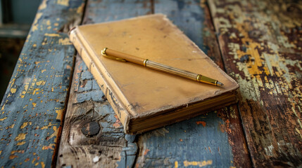 A pen and notebook rest on a weathered wooden desk, ready for writing or sketching.