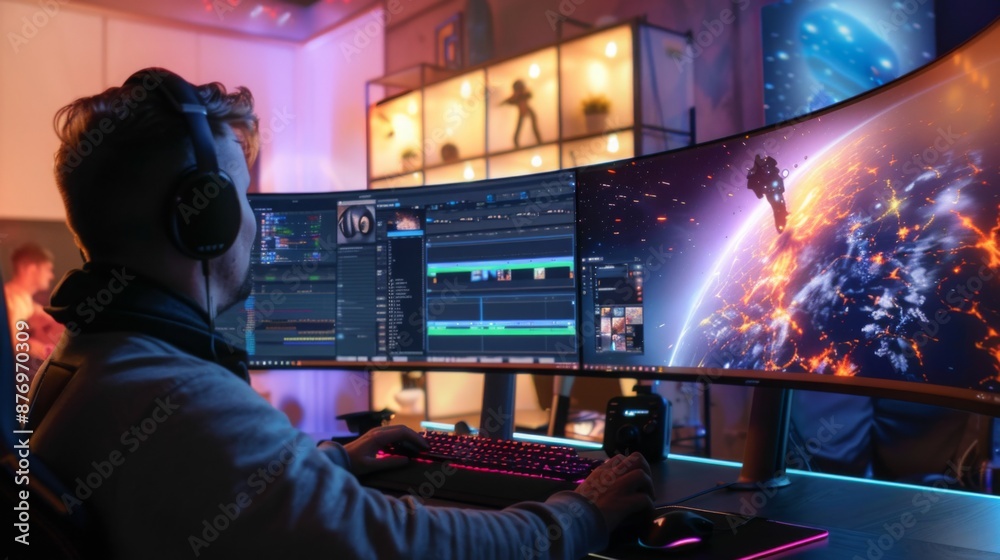 Poster a young man sits at a desk with a pair of curved monitors. the screens show a space scene and video 