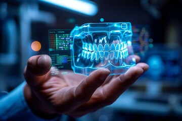 Close-up of a man's hand holding a transparent aligner as holographic screens display real-time data on his teeth alignment progress.