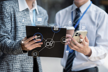 Successful businessman works outdoors Business people meeting, design ideas concept business planning.