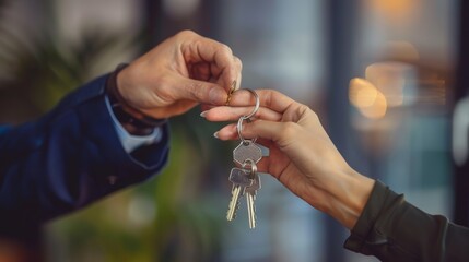Symbolic real estate key exchange for new beginnings and ownership transfer in professional setting