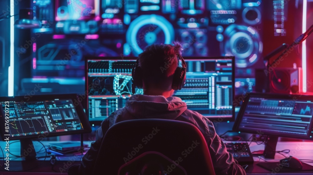 Fototapete A hacker sits in front of multiple computer monitors, working late at night. The screens are filled with code and other technical information.