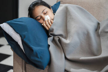 Woman feeling sick and headache, health care concept.