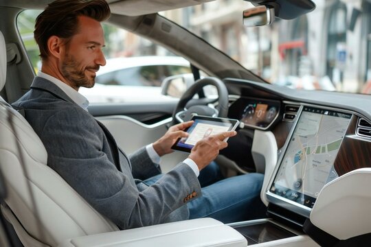 Elegant businessman sitting in self-driving car, using holographic tablet.