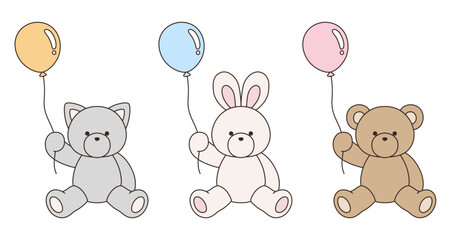 風船を持ったかわいいくまとうさぎとねこのぬいぐるみのベクターイラストセット　アイコン　バルーン　動物