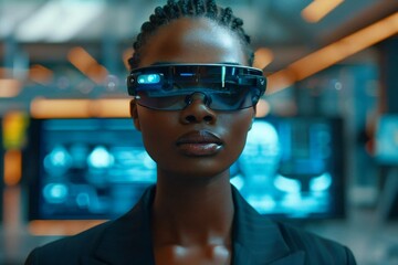 Beautiful African American businesswoman wearing smart glasses, interacting with holographic screens and AI assistants in futuristic office setting.