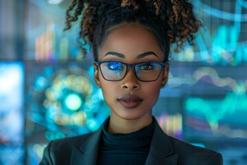 Beautiful African American businesswoman with stylish eyeglasses video conferencing with holographic screens in futuristic office setting.