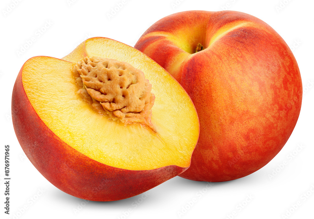 Wall mural Peach isolated png. Peach with a half on transparent background. PNG format. Peaches with no background. Full depth of field.