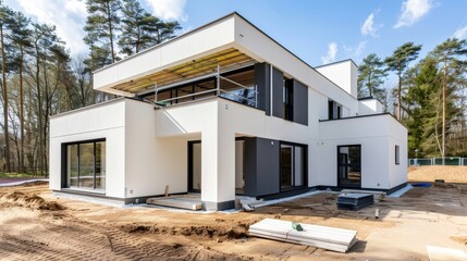Contemporary house under construction, focus on advanced heating solutions being installed, showcasing sustainable building practices