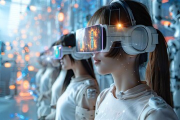 group of beautiful individuals wearing holographic screens that display AI-generated artwork, standing in front of a futuristic background filled with floating robots.
