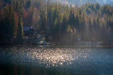 Morning in the Fusine lakes valley. Autumn reflections.