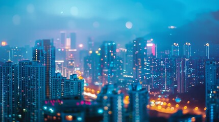 Fototapeta premium Futuristic chongqing cyberpunk cityscape with skyscrapers, blurred mountains, and blue tones