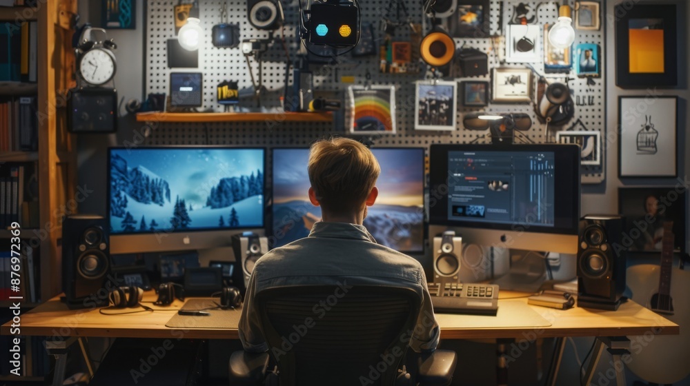 Poster a person sits in a chair facing three monitors in a home studio, focused on working. the monitors ar