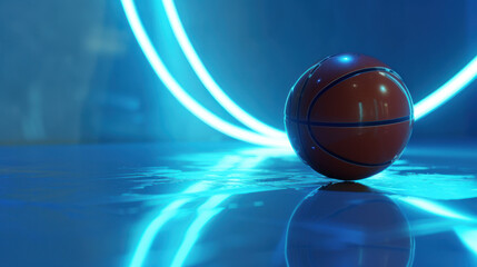 Fototapeta premium A sleek, glossy basketball sits on a bright backdrop, bathed in a cool blue light.