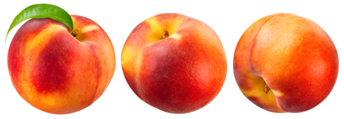 Peach with leaf isolated png. Whole peach collection on transparent background. PNG format. Peach with leaves no background. Full depth of field.