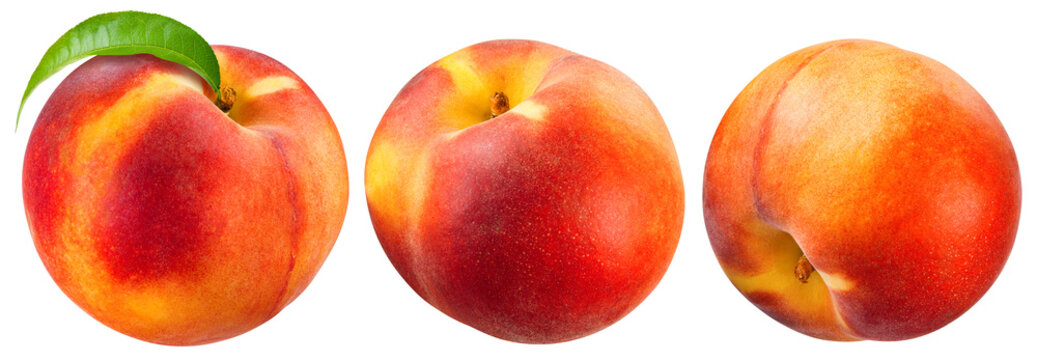 Peach with leaf isolated png. Whole peach collection on transparent background. PNG format. Peach with leaves no background. Full depth of field.
