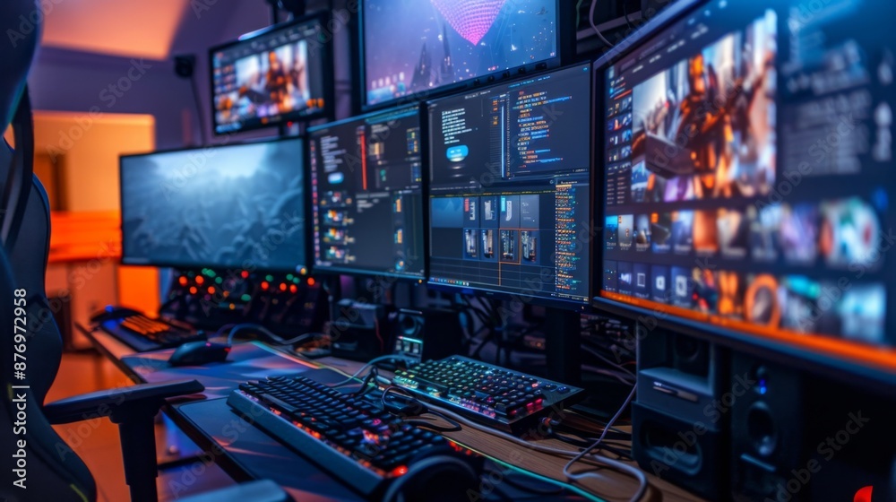 Poster A gaming chair sits in front of a desk with four monitors, a keyboard, and mouse. The monitors are displaying a game, code, and other programs.