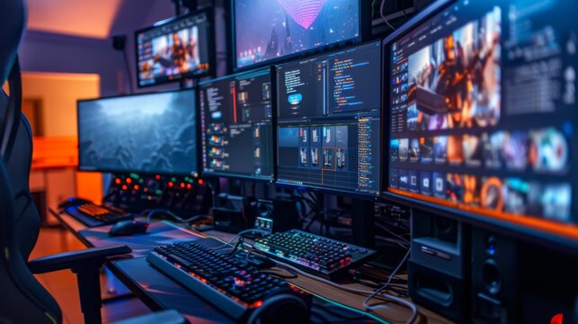 A gaming chair sits in front of a desk with four monitors, a keyboard, and mouse. The monitors are displaying a game, code, and other programs.