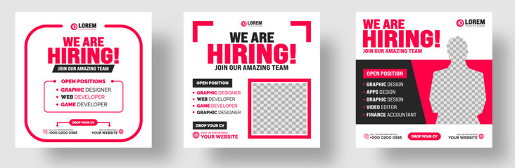 join our amazing team We are hiring job opportunity or Job recruitment social media post Square web banner with red and black color. We are hiring job vacancy social media post banner template set.