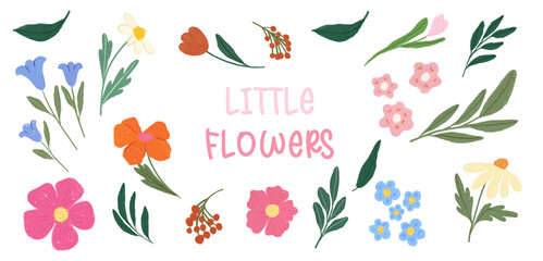 Little flowers collection, vector, watercolor. Colorful and cute clip art illustrations, perfect for greeting cards, invitations, banners, posters, textile, covers.
