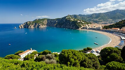 Naklejka premium A picturesque coastal town nestled between lush green hills and a sparkling blue sea.