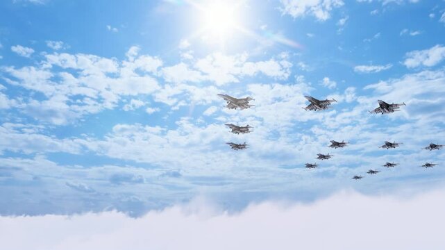 Fighter formation takes off in the air and flies through the clouds