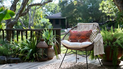 a modern garden chair withmacrame pillow standing on a wooden deck in the garden of a weekend retreat